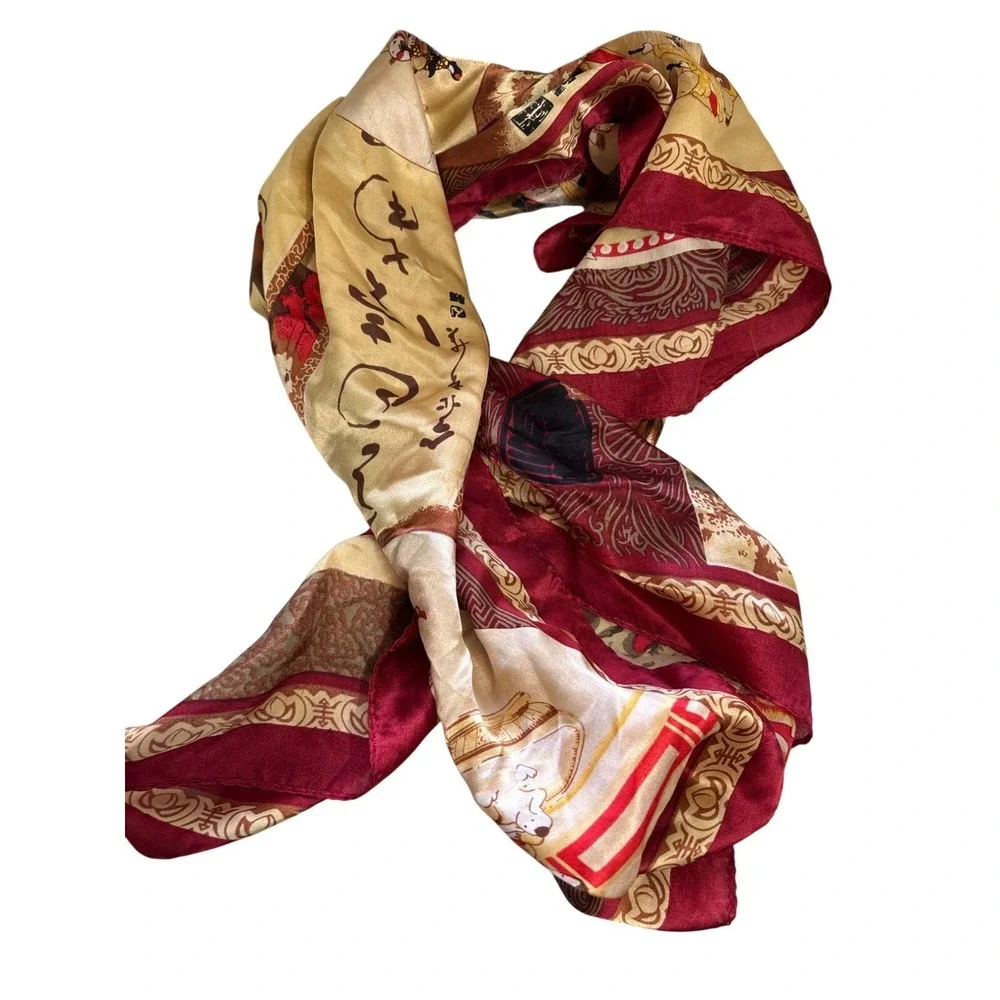 Vintage Asian-Inspired Silk Scarf With‎ Traditional Artwork & Calligraphy